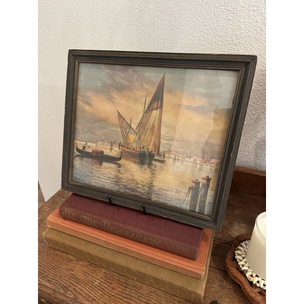 Antique Nautical Maritime Lithograph Print Sailboats Harbor Scene Moody Seascape